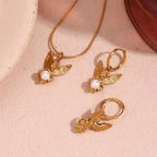 Vintage Pearl Angel Pendant Necklace and Earring Set Gold Plated Stainless Steel Jewelry Set