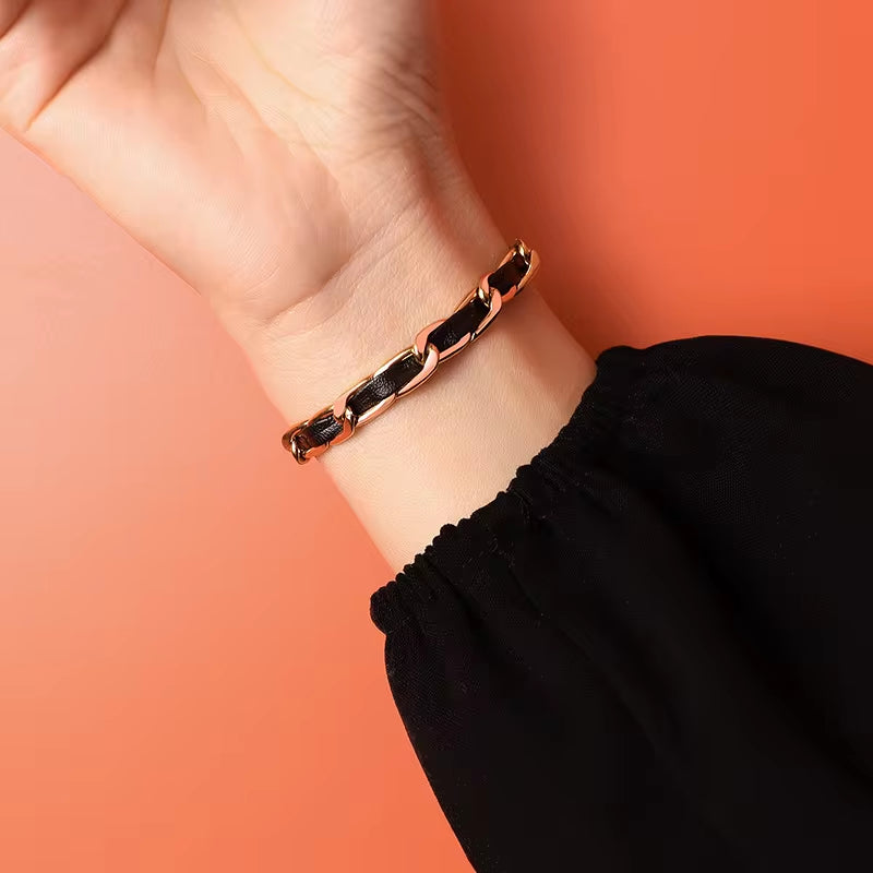 Stainless Steel Jewelry Personality Leather Rope Chain Bracelet Women Steel 18K Gold Bracelet