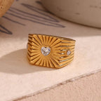 Engraved Square Zircon Heart Signet Ring Gold Plated Jewelry Tarnish Free Jewelry 316L Stainless Steel