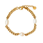 Vintage Pearl Charm Cuban Link Chain Bracelet 18K Gold Plated Stainless Steel Chain Bracelet