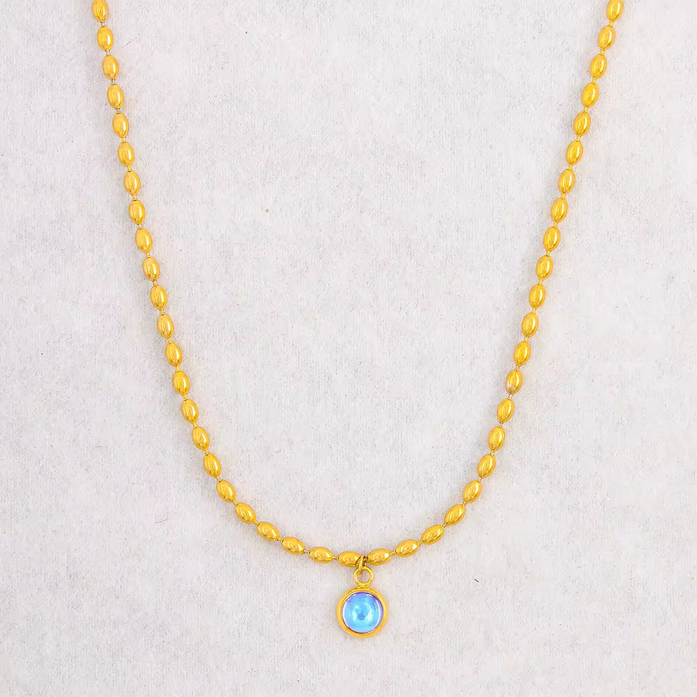 Delicate Stainless Steel Colorful Oval Bead Chain Jade Bead Pendant Necklace Vintage Stone Choker Gift for Lovers